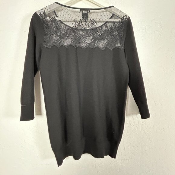 Club Monaco Womens Black Lace Insert Sweater Small Pullover 3/4 Sleeve Casual - Picture 2 of 7
